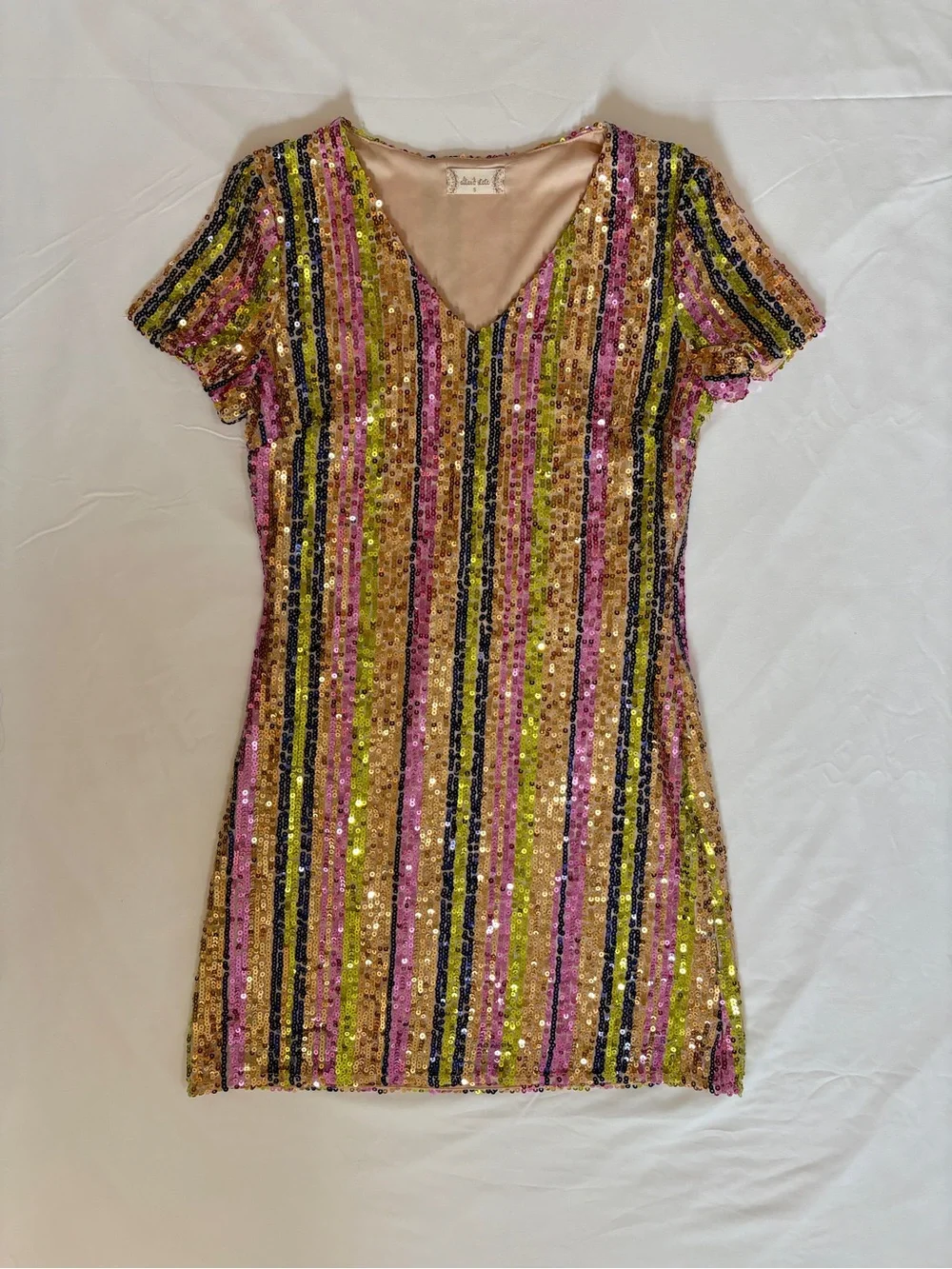 Altar'd State Pink Gold Green Striped Sequin Mini Dress